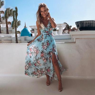 Moda V Yaka Kolsuz Çiçek Baskılı Şifon A Kesim Elbise Zarif Kadın Tatil Plaj Günlük Basit Yırtmaçlı Parti Uzun Elbiseler Kadın Giyim