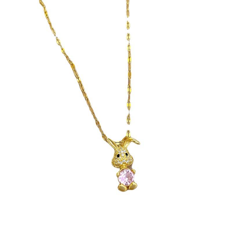 Light Luxury Pink Rabbit Full Of Zirconium Inlaid Real Gold Necklace Women'S Transfer Collarbone Chain With Jewelry