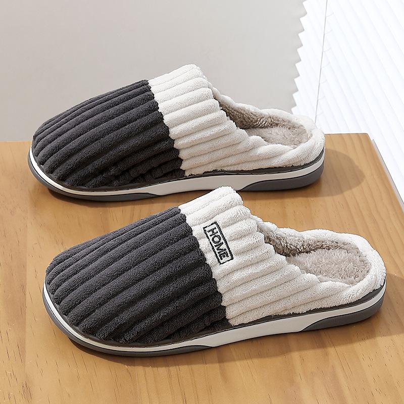 Home cotton slippers autumn and winter large size indoor household fleece slippers striped cotton mop winter