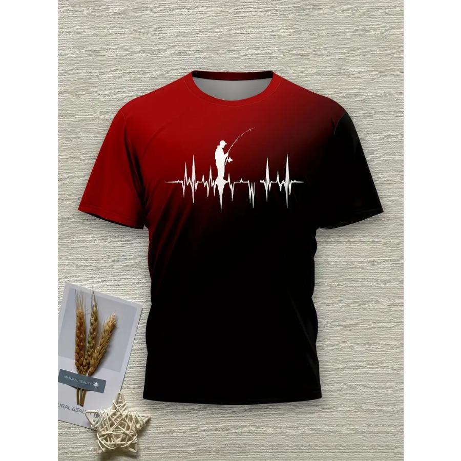 Men'S Casual Crew Neck T-Shirt with Fishing Heartbeat Graphic, 100% Polyester Knit Fabric with Slight Stretch, Regular Fit Short Sleeve Tee
