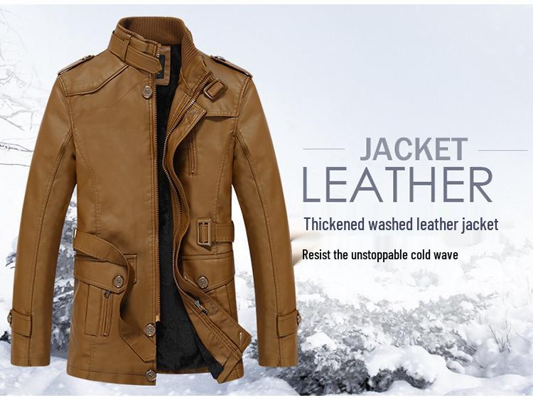 Men's Winter Fleece-Lined Leather Jacket, Mid-Length, Thickened, Casual, Middle-Aged, Warm Cotton Coat
