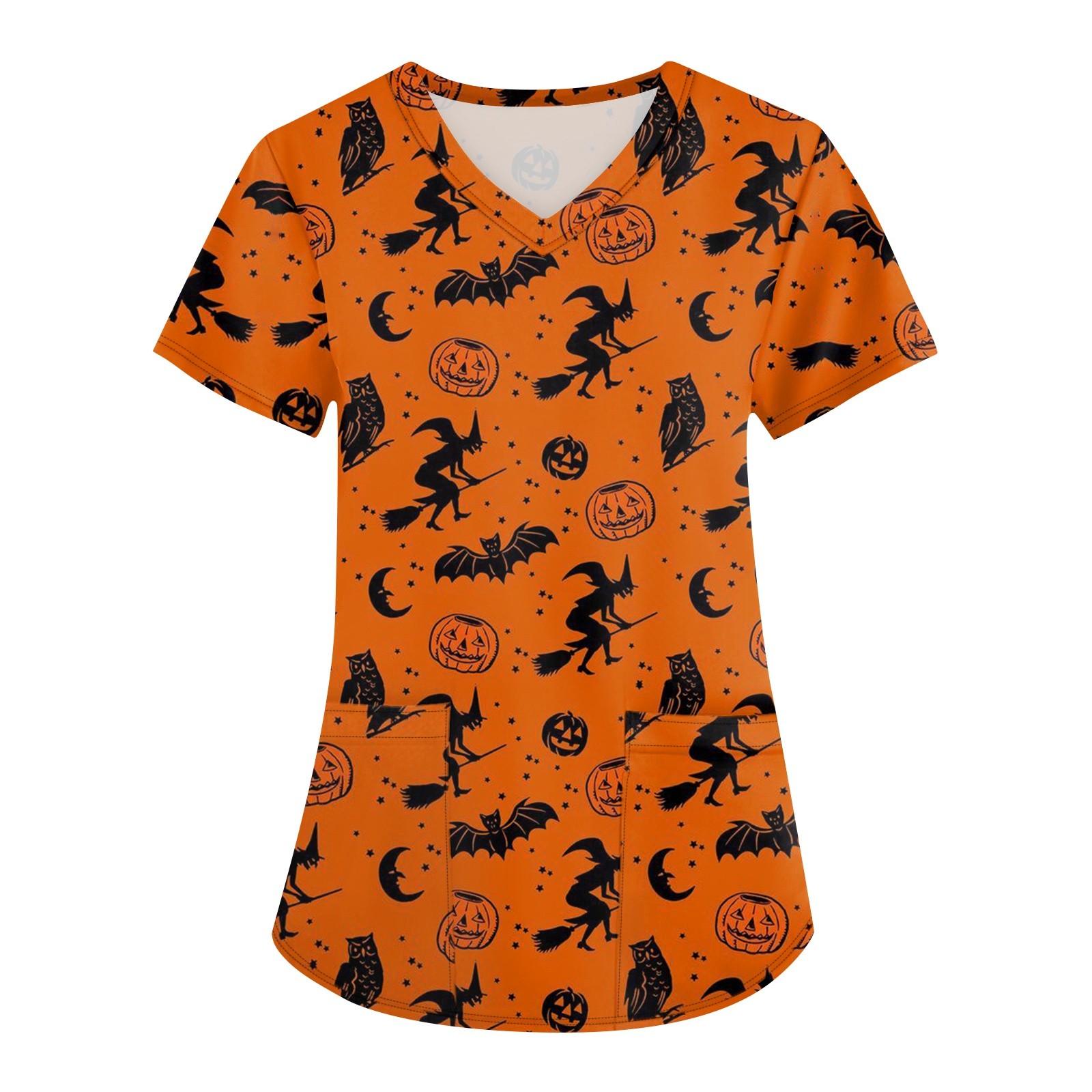 

Плюс размер Печатный скраб Рабочая форма Топы для женщин Крест V-образным вырезом Хэллоуин Принт с короткими рукавами Забавные футболки Спецодежда Футболка с карманами XXXL красный