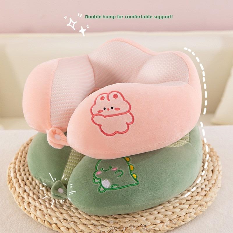 Cartoon U‑Shaped Neck Pillow Ice Bean Surface PP Cotton Filling Cervical Support Travel Pillow Portable Neck Rest for Airplane Car Office Nap