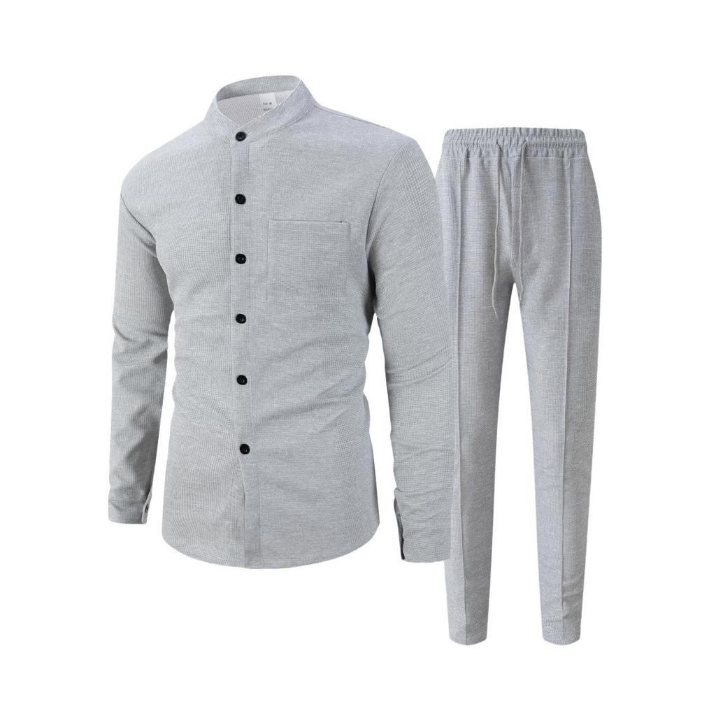 Men's European Autumn Waffle Knit Stand Collar Cardigan & Long Pants Set