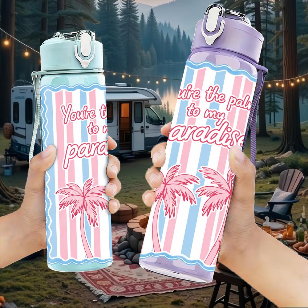 1PC Pink Stripe Bow Ribbon Graphic,750ml Color Plastic Sports Water Bottle,Leakproof Flip Straw Lid,Suitable for Sports Office Home Use