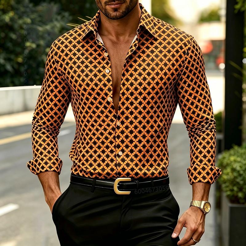 2026 Nuova Camicia da Uomo Geometrica a Griglia di Diamanti Bianca e Nera, Camicia Stampata Personalizzata, Abbigliamento da Uomo Versatile alla Moda Casual