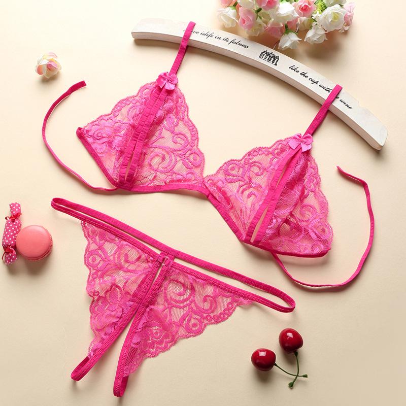 Sexy Lace Lingerie Set with Bowknot and Open Crotch, Women's Three-Point Style C06