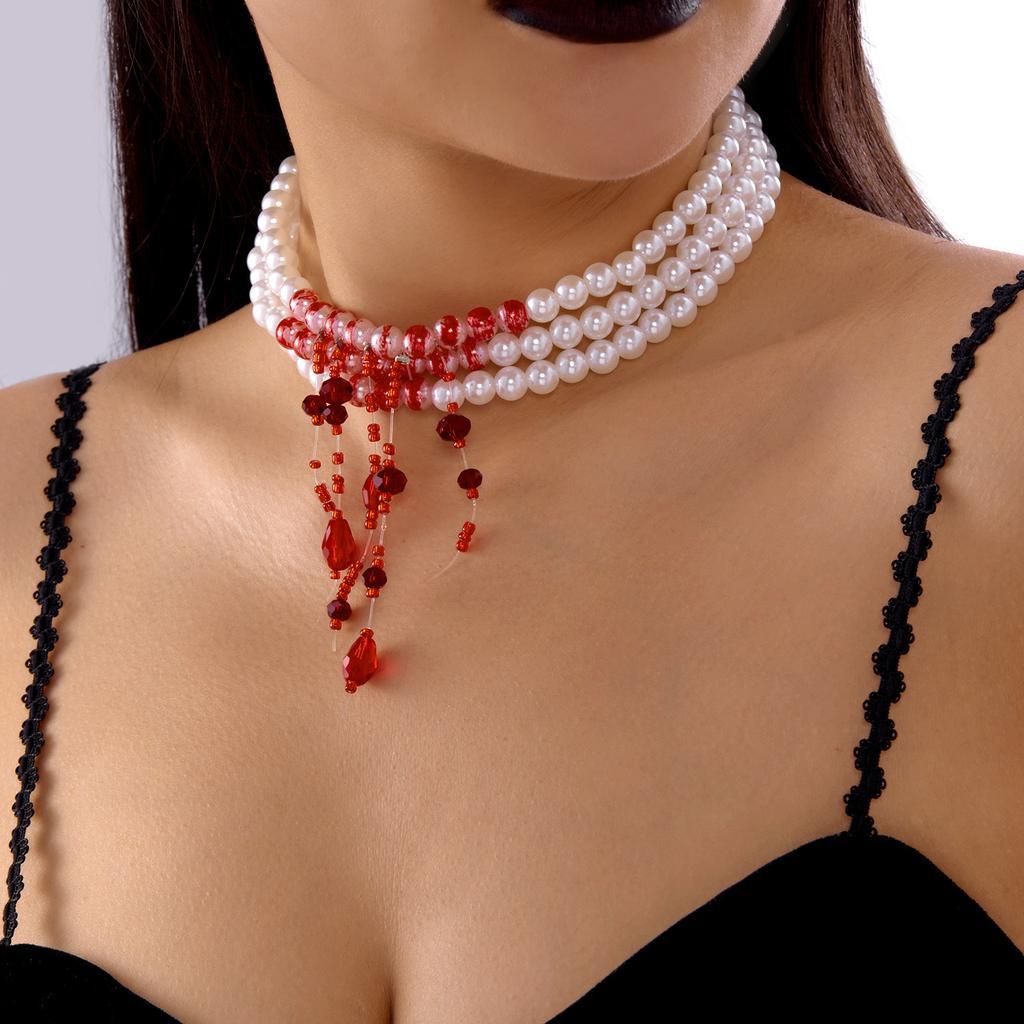 Vintage Mehrschichtige Rotes Blut Muster Imitation Perle Quaste Anhänger Halskette für Frauen Kristall Perlen Kette Halloween Schmuck