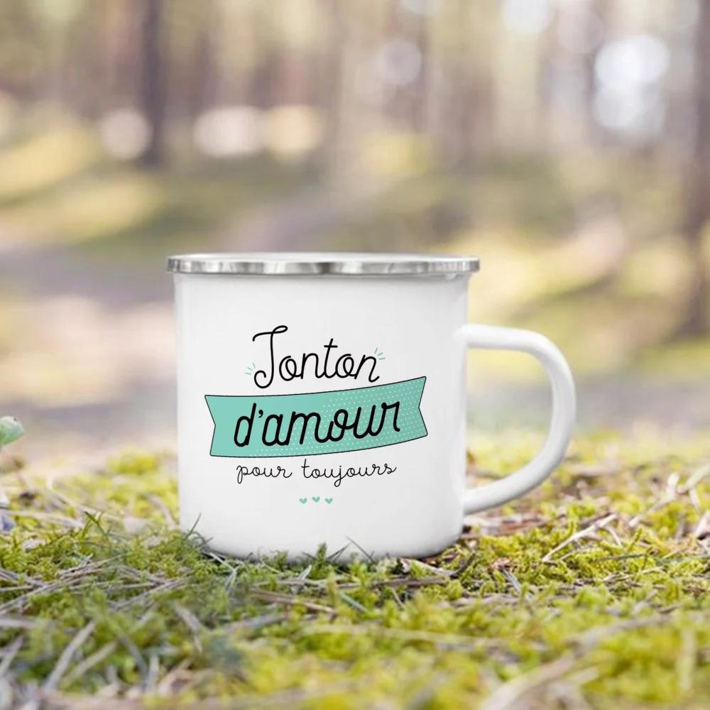 Französischer Druck Emaillebecher Kreative Kaffeetassen Getränke Wasser Milchbecher Emaillebecher Heimgetränkegeschirr Geschenk für Oma Opa Tante Onkel