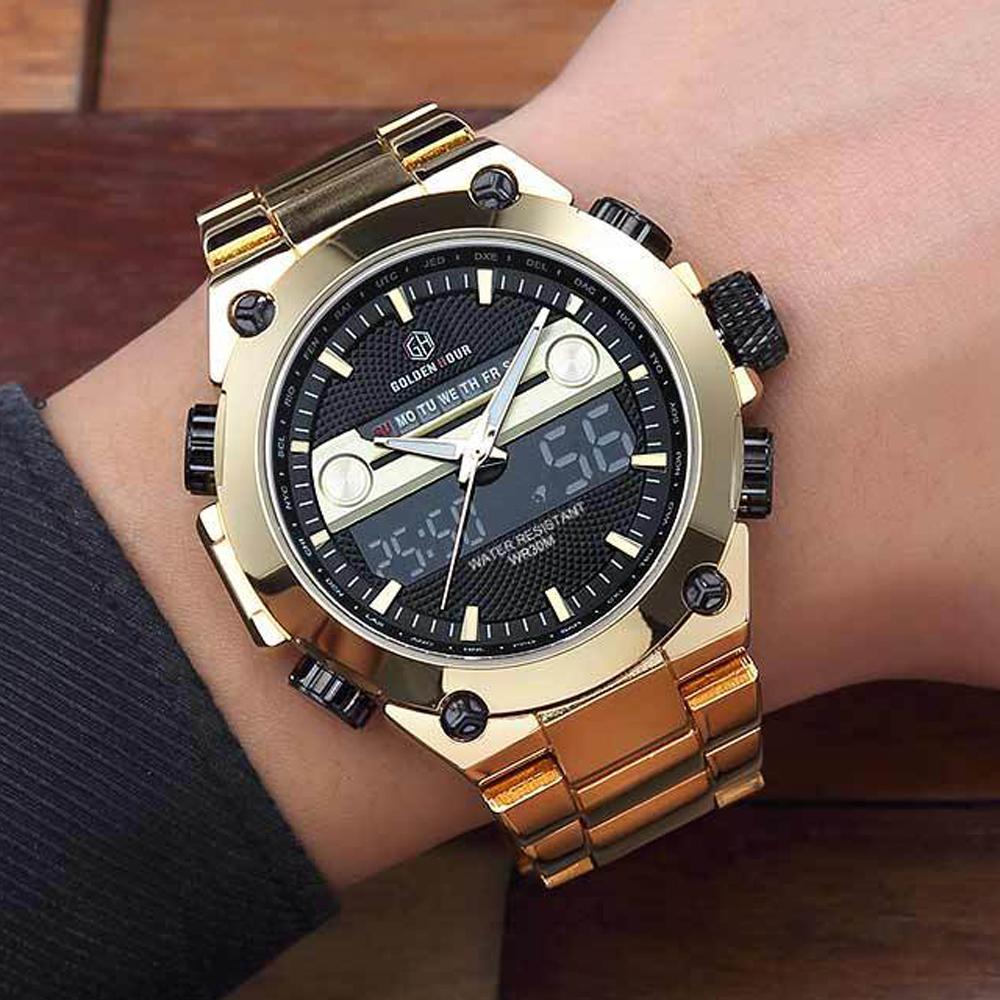 GOLDENHOUR Mens Sport Watches Luxury Gold Quartz Steel Strap Waterproof Military Digital Wristwatch Clock Relogio Masculino