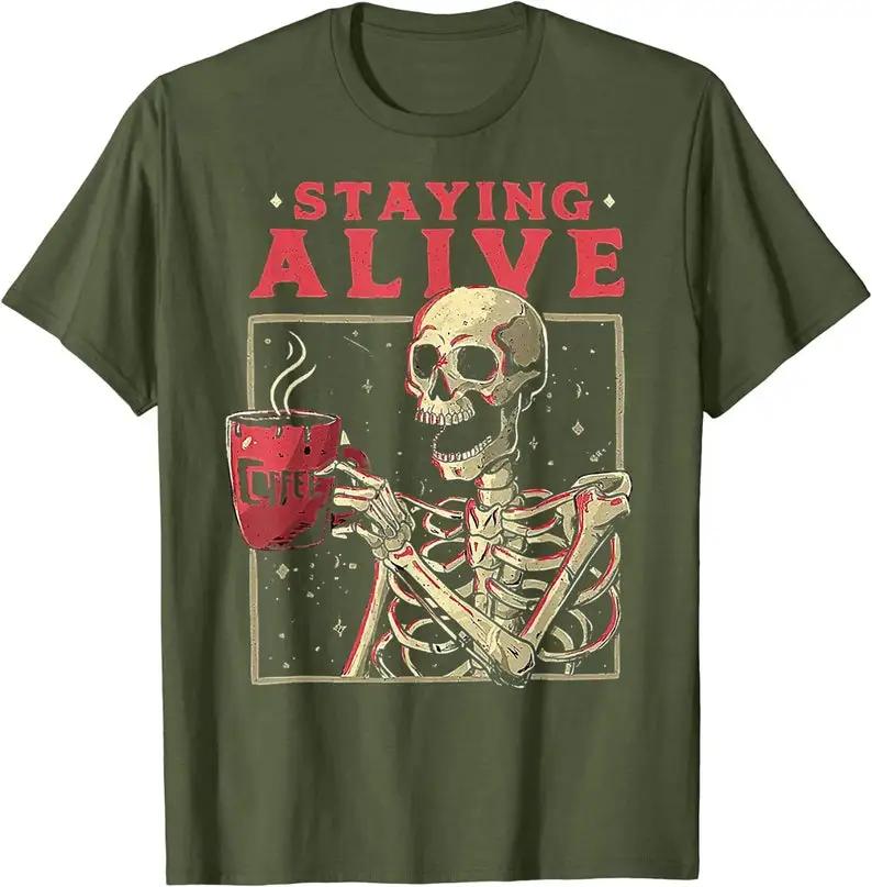 Staying Alive Skeleton Drink Coffee Funny Skeleton Skull T-Shirt - Men s Summer Cotton Graphic Tee S разноцветный