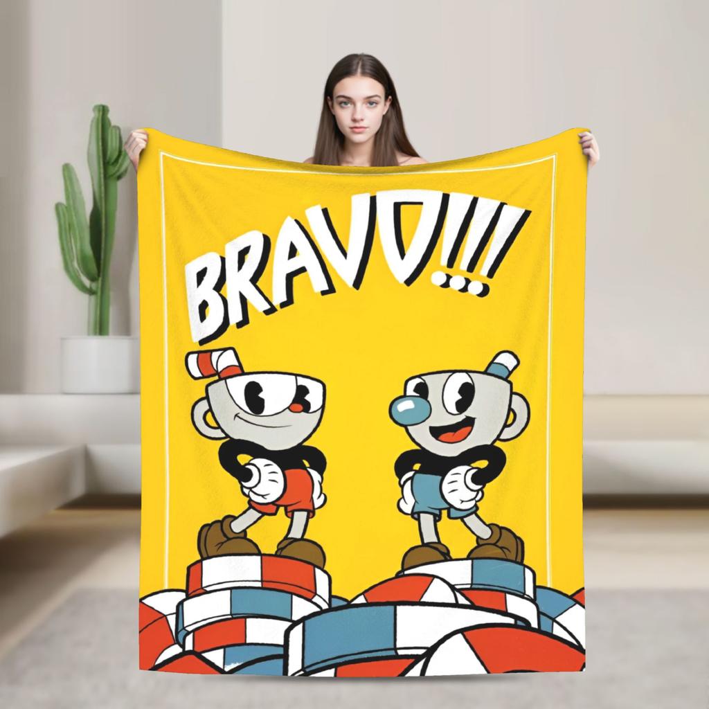 Cupheads Knitted Blanket Fleece Video Game Warm Throw Blanket for Outdoor Travel Bed Rug