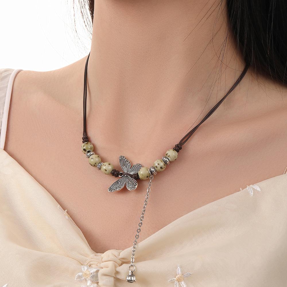 Ethnic style ceramic sweater chain women's pendant literary Chinese style butterfly accessories necklace women's wholesale exquisite pendant
