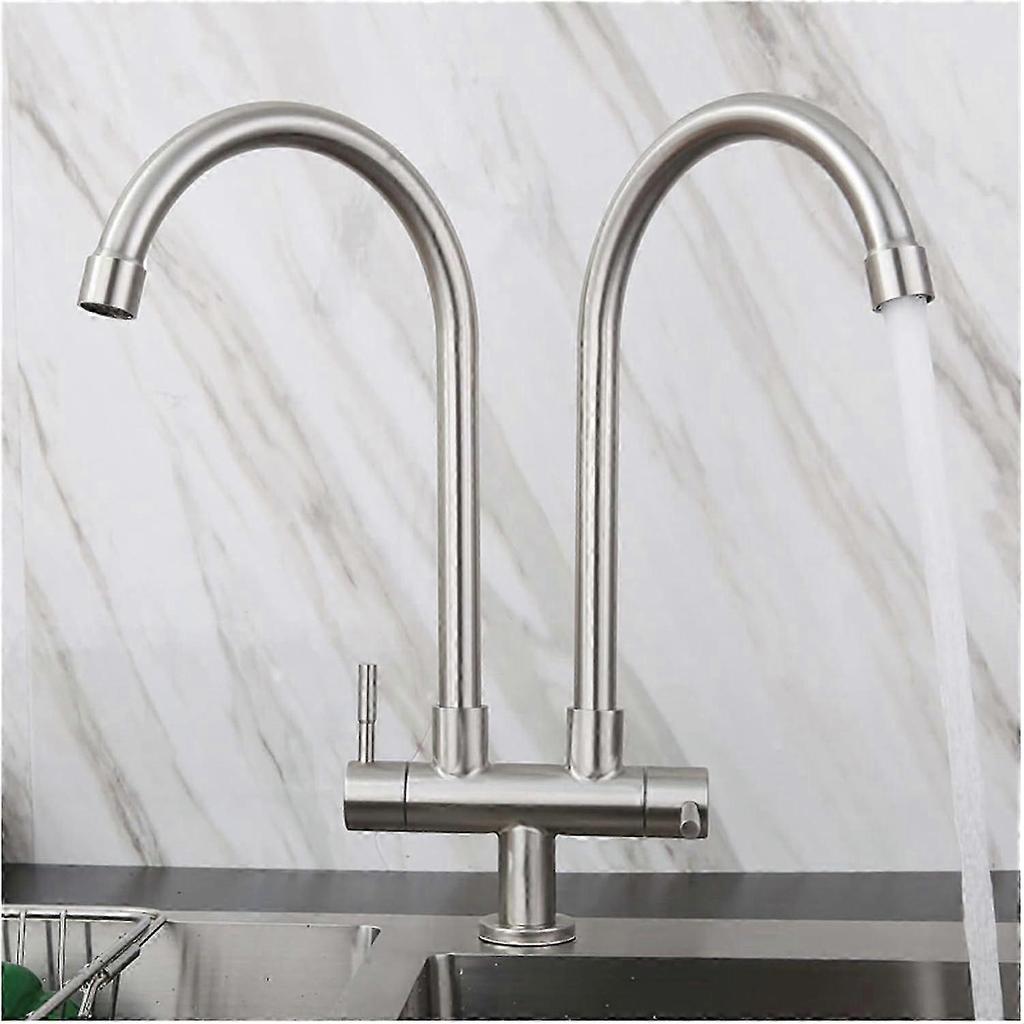 Kitchen Double Outlet Faucet 304 Stainless Steel Single Cold Double Pipe Tap Universal Rotating Sink Faucets(C)