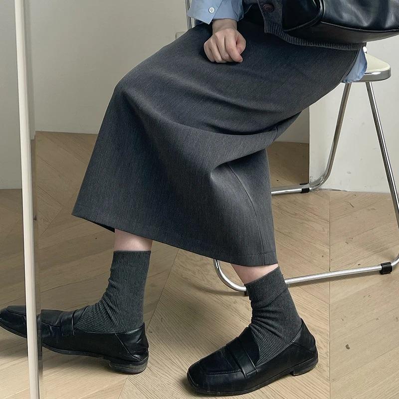 With Sweater Coat Skirts Autumn and Winter New Gray Back Slit Suit Skirt