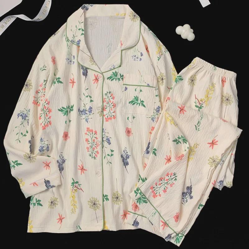 Women's French Pastoral Style Long Sleeve Pajama Set - Green Plants & Flowers Design