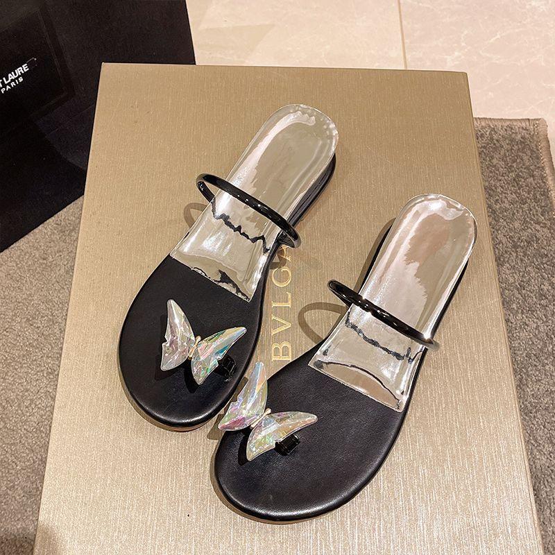Internet celebrity rhinestone cool slippers women wear new low heel set toe bow flat bottom fairy wind one word slippers