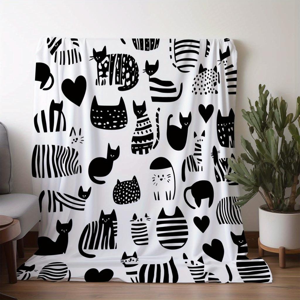 1pc Flannel Blanket, Black and White Striped Cat Print Blanket, Warm Comfortable Soft Blanket, Suitable for Sofa Bed Sofa Car Of