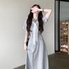 Elegant Women's French-Style Blue Summer Shirt Dress with Waist-Cinching and Long Silhouette