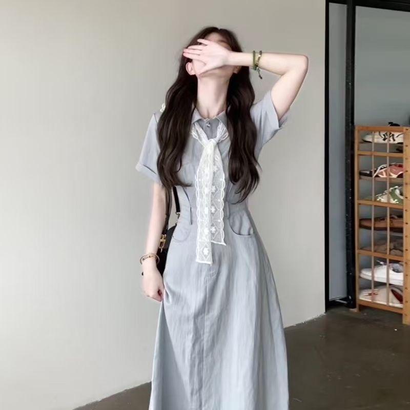 Elegant Women's French-Style Blue Summer Shirt Dress with Waist-Cinching and Long Silhouette