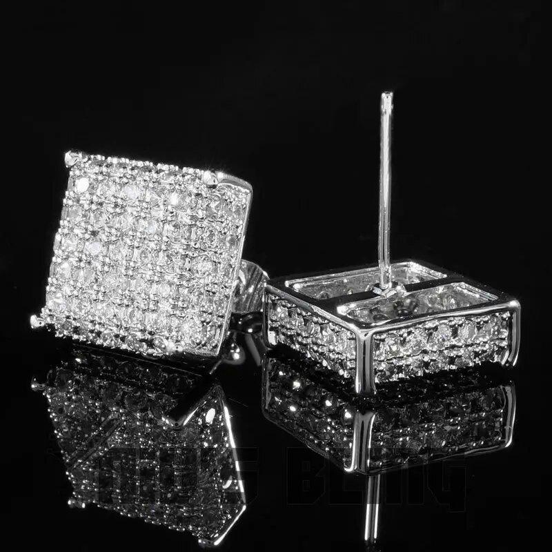 Big Cushion Square Full Micro Paved Mixed Cut Cubic Zirconia Piercing Stud Earrings Silver Tone Hip Hop Punk Trendy Accessories