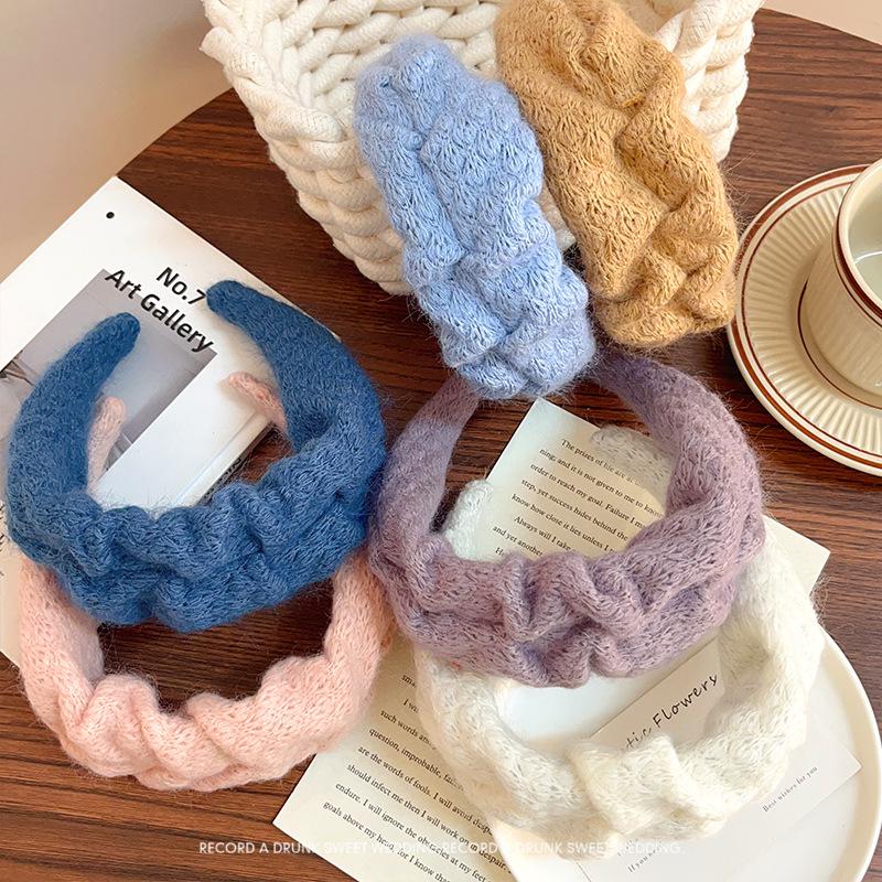 Woolen Pleated Wide Headband - Fluffy Knit Hair Tie for Makeup & Face Wash