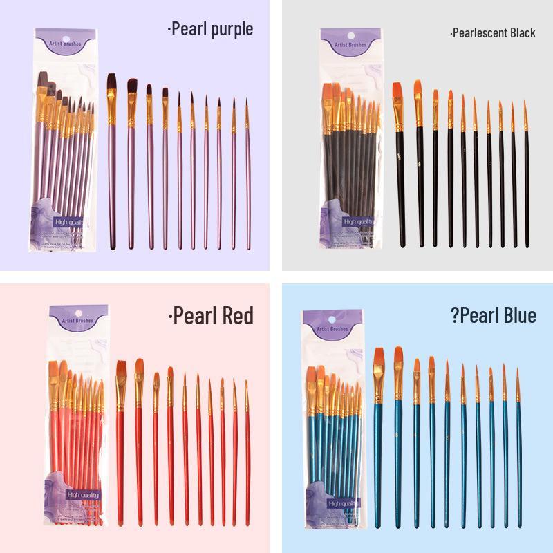 Nylon Gouache & Oil Painting Brush Set - 10 Pcs Flat Brushes with Red & Blue Handles