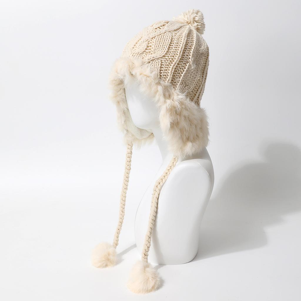 Hat Female Northeast Thickened Warm Lei Feng Hat Ear Protector Plush Rabbit Hairball Knitted Hat Windproof And Cold-Proof Wool Hat Female