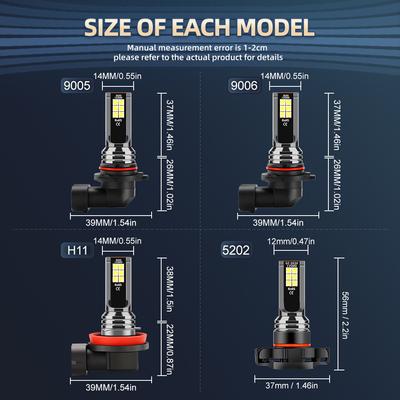 9005/HB3 9006/HB4 H11 5202 H8 H9 Led Headlight Fog Bulbs 28000LM 5000K 6000K White Light SMD Chips Fog Bulbs Pack of 2