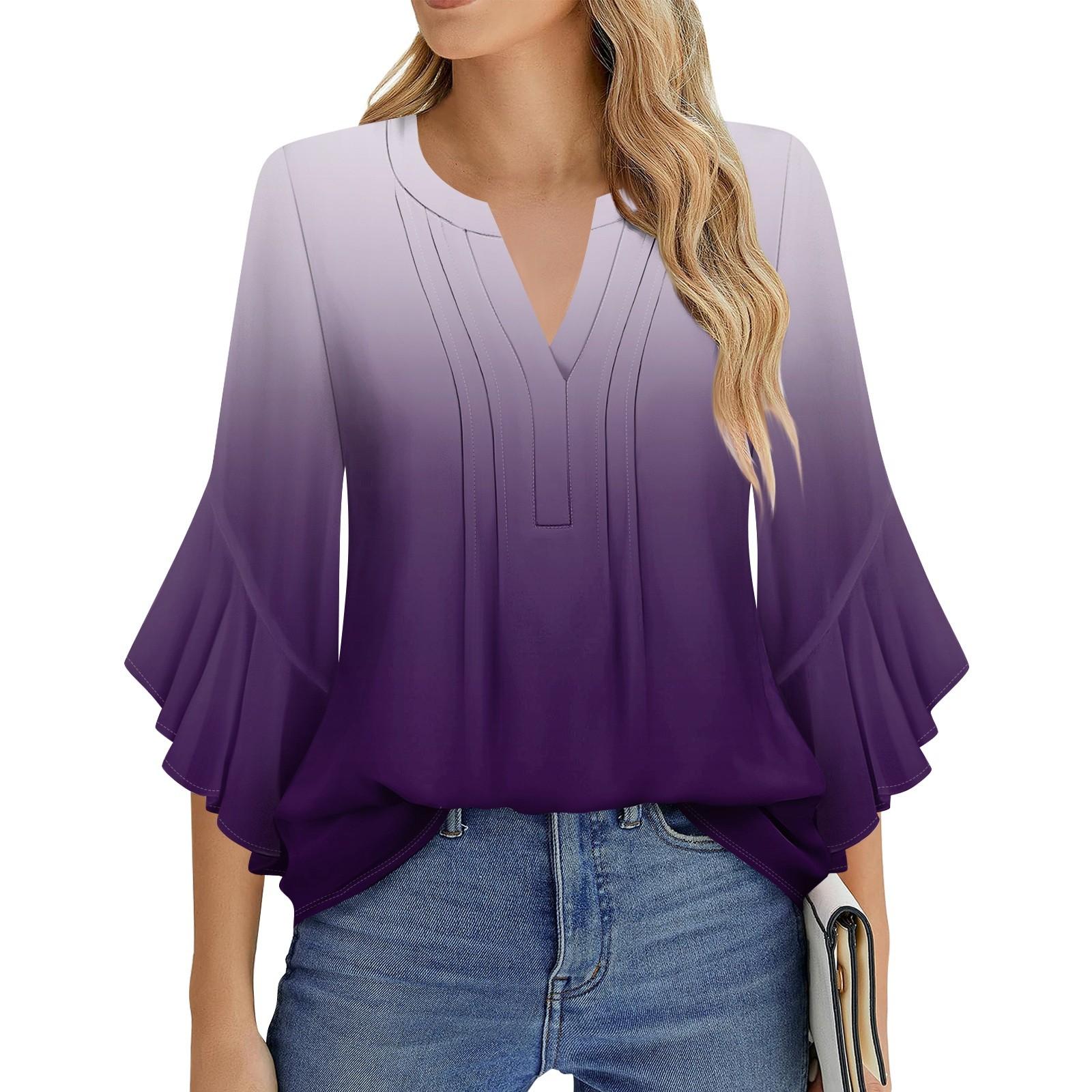 

Women s Fashion Casual Pleated V-Neck Solid Color Three-quarter Sleeve T-Shirt Elegant Top M фіолетовий
