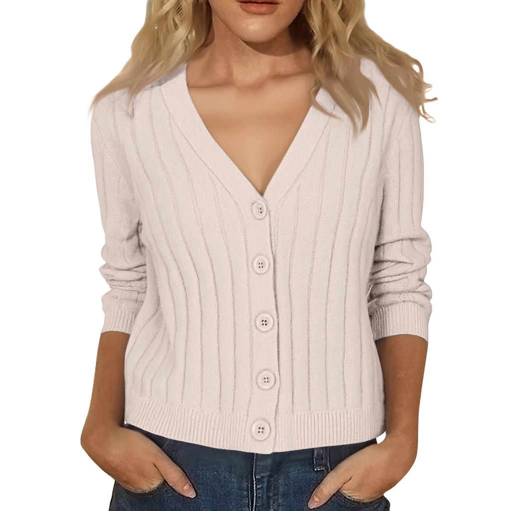 Women's Fashion Long-Sleeve V-Neck Lightweight Knit Sweater Solid Color Outerwear Top