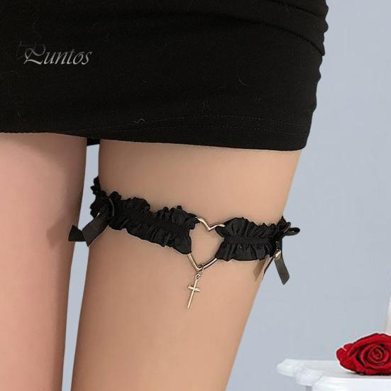 1 buc curea inel pentru picior inimă decor în cruce cu fundă în frunte, bandă elastică anti-alunecare, curea pentru jartieră din dantelă gotică, lolita, cosplay, jartieră pentru picior
