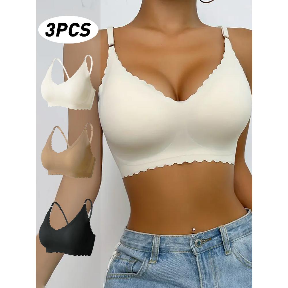 

3pcs Solid Seamless Scallop Trim Wireless Cami Bra, Sexy Comfy Push Up Bra, Women s Lingerie & Underwear XXL