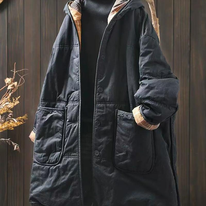 Parkas à capuche vintage pour femmes, manteaux à boutons, hiver, manches longues, poches, chaud, Arkas