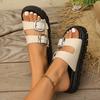 Metal Buckle Decor Flat Sandals Women Plus Size Thick Sole Chunky Platform Slippers 2025 Summer Comfort Non Slip Beach Slides