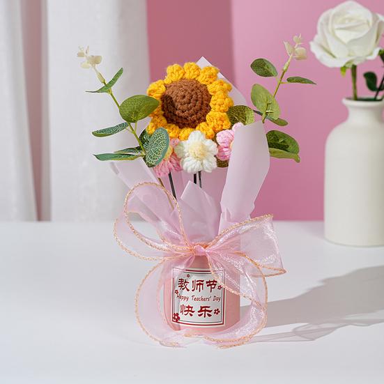 Teachers' Day Crochet Sunflower Bouquet with Eucalyptus Leaf Handmade Knitting Yarn Floral Decoration Home
