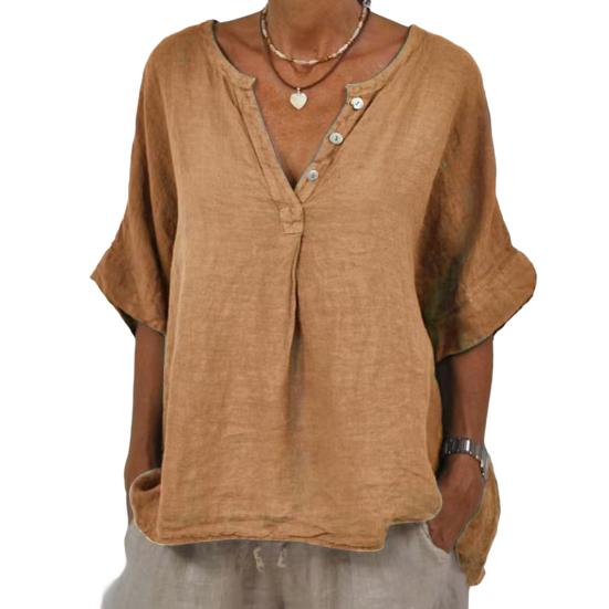 Cotton Linen Women Shirt V-Neck Buttons Half Placket Half Sleeve Breathable Loose Fit Tops Daily Wear
