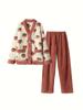 Süßes Pyjama-Set aus geripptem Fleece mit Erdbeer-Print, gemütliches und warmes Langarm-Oberteil mit V-Ausschnitt und elastischer Hose, Nachtwäsche und Loungewear für Damen