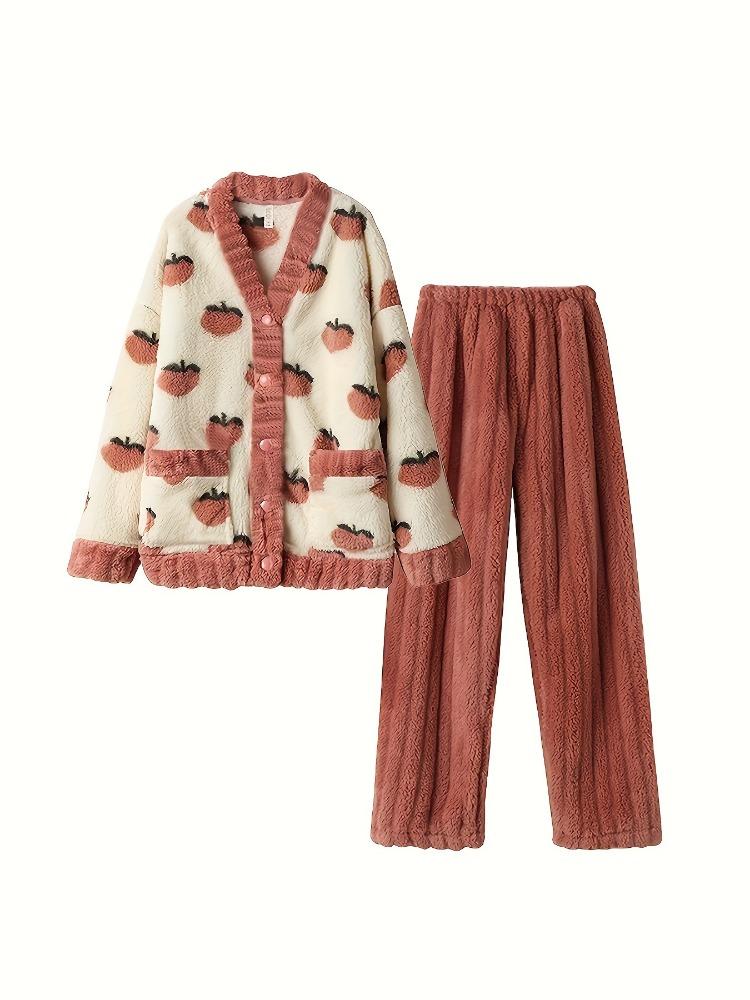 Süßes Pyjama-Set aus geripptem Fleece mit Erdbeer-Print, gemütliches und warmes Langarm-Oberteil mit V-Ausschnitt und elastischer Hose, Nachtwäsche und Loungewear für Damen