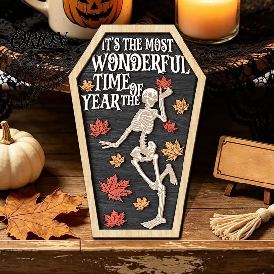 Entrance Door Hanging Signs Vintage Halloween Wooden Decor, Coffin-Shaped Tabletop Ornaments, Freestanding & Decorations for Home Ornament Mantel