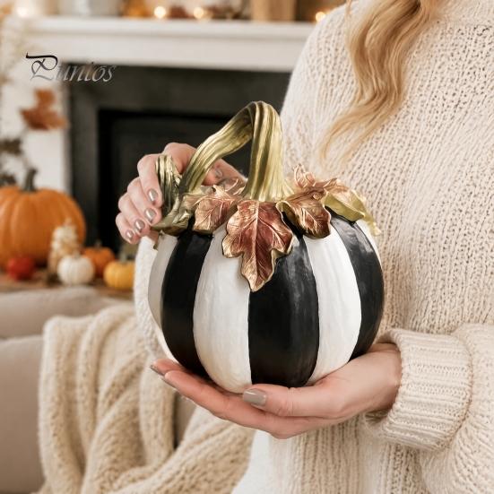 Halloween Pumpkin Decor Black And White Striped Ornament, Retro Style Resin Sturdy Indoor Desktop Decoration Tabletop Centerpiece, Ornament