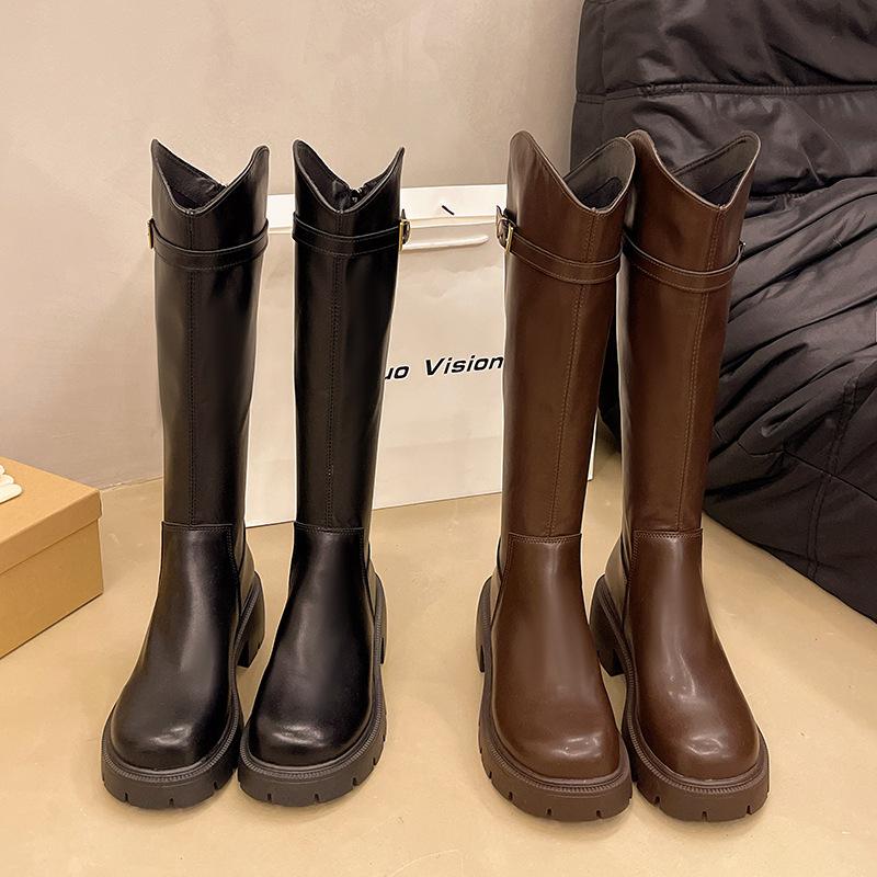 But Knee Boots Women's 2025 Autumn and Winter New Versatile Thick-soled V-mouth Women's Boots Thick Heel Belt Buckle Small Tall Tube