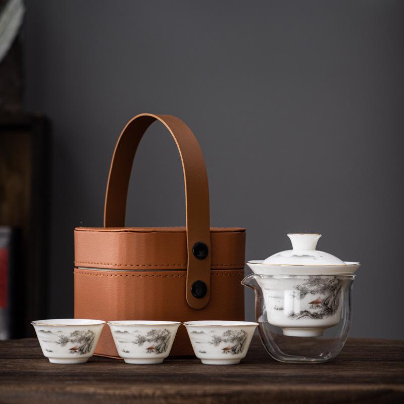 Ceramic Suet Jade Porcelain Portable Travel Tea Set White Souvenir Business Gift