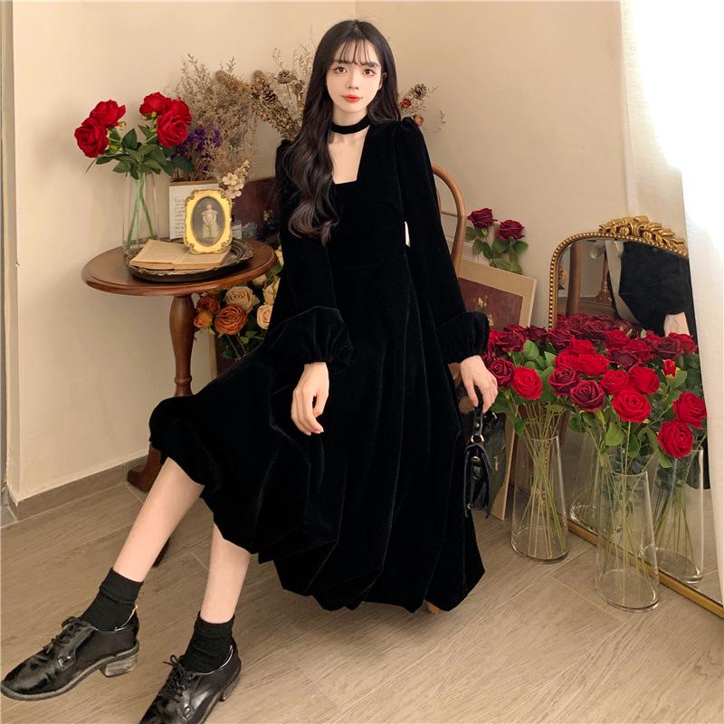 Plus Size Velvet French Lace-Up Bow Long Black Dress