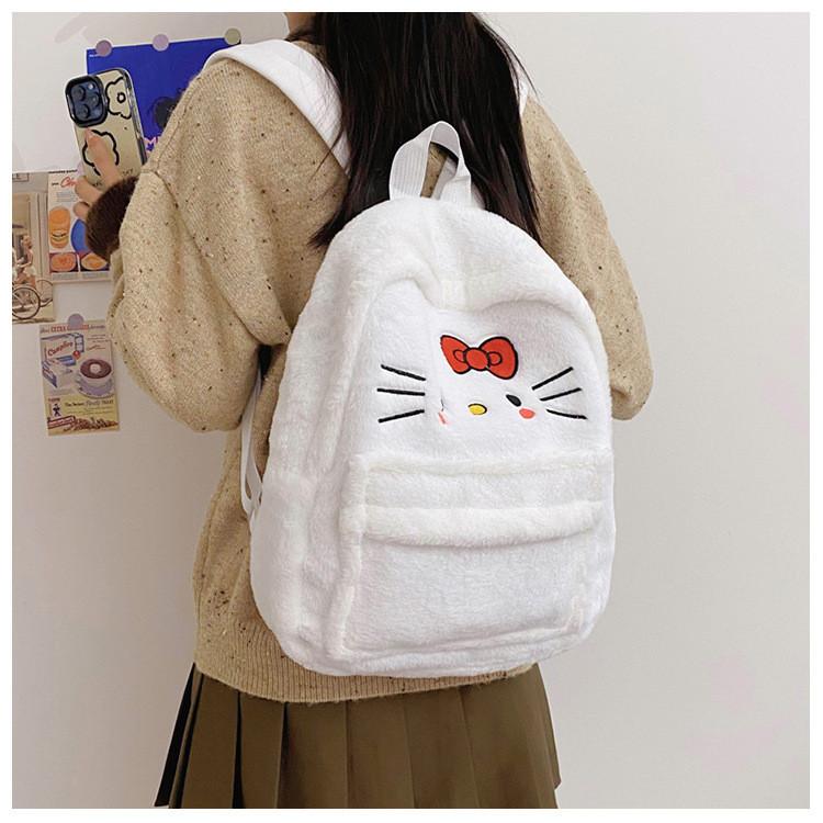 Cute Cartoon Hello Kitty Plush Zipper Backpack Street Style Nylon Material