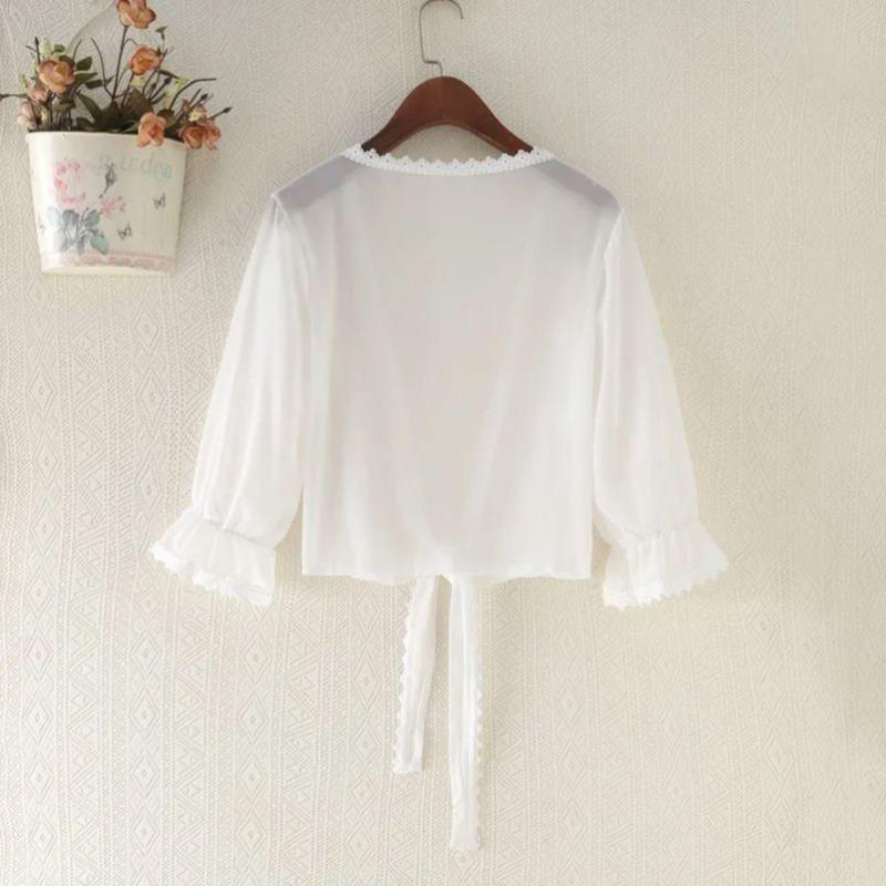 Chiffon Cardigan White Transparent Mesh Shawl Pagoda Sleeve Women's Sun Protection Clothing Short Thin Coat Summer Matching Straps