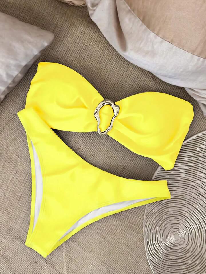 A18 Sexy European & American Solid Color Bandeau Bikini Set