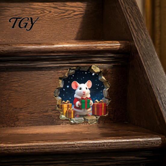 Removable Holiday Wall Stickers Mouse Hole Sticker, Christmas Decal, Self Adhesive Creative Cabinet Decals Cute Mice Sticker for Living