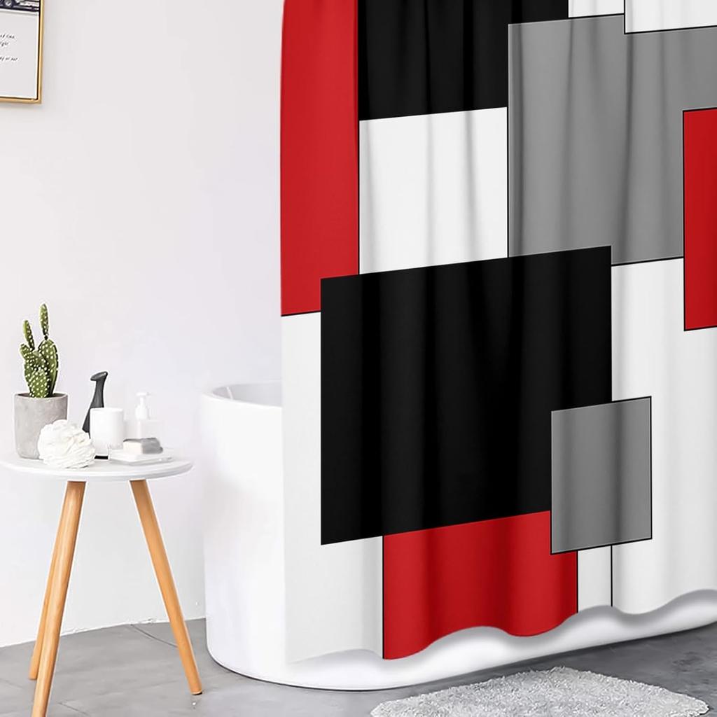 Red and Black Shower Curtain Set Geometric Bathroom Sets with Shower Curtain and Rugs, Grey and White Bathroom Shower Curtain Sets 3Pcs, Modern Red