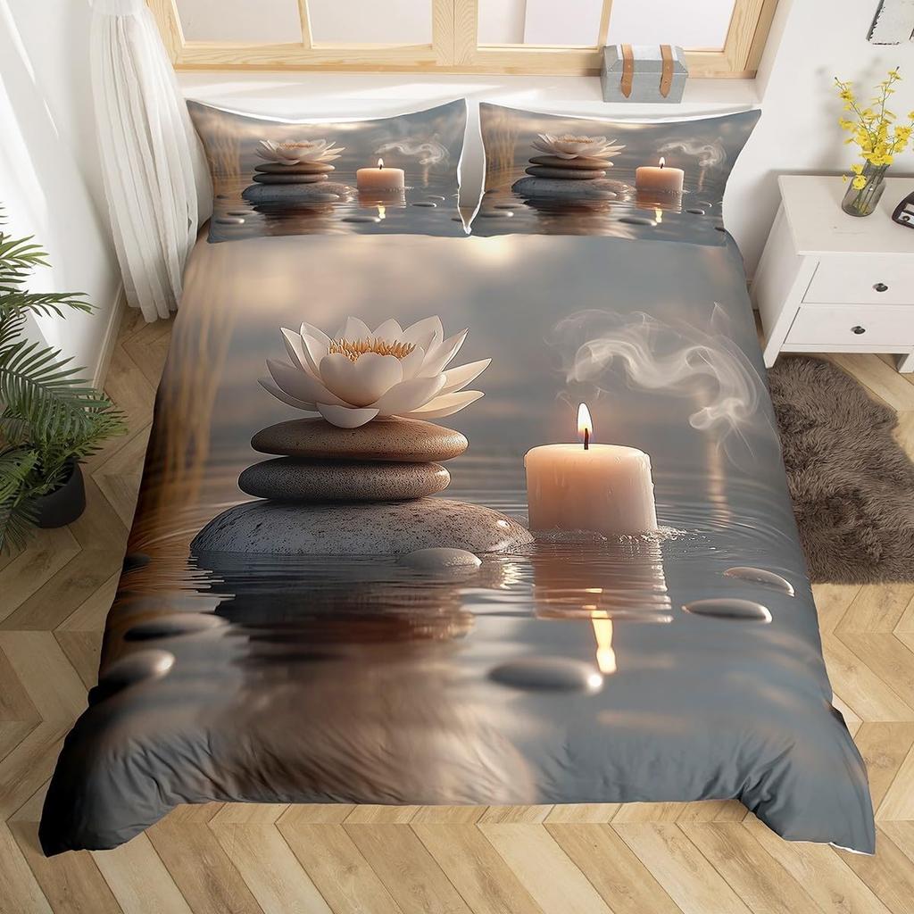 Comforter Minimalist Zen Stone Boho Comforter Purple Flowers Twin Bedding Setblack Stones Print Bed Set For Girls Woman